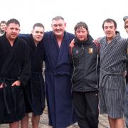 Whitehaven rugby union lads after the New Years day swim for charity. the charities they where supporting were the stroke unit and Rosehill care home.
