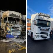 Left: The Taylor's Transport wagons were destroyed in the fire at Distington. Right: Warren Taylor with the company's new HGVs.