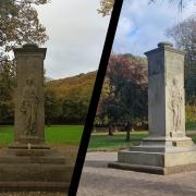 Before, and after of the war memorial in Castle Park