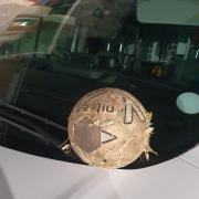 The football which was kicked into the road and cracked a moving car's windscreen