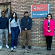 UCLan students John Adediji-Johnson, Norah Alqadah and Hasaan Aziz with Summergrove Halls residences officer, Angela Lynch
