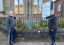 Alan and Wayne Hunter outside the Alexander Kielland memorial in Cleator Moor Square
