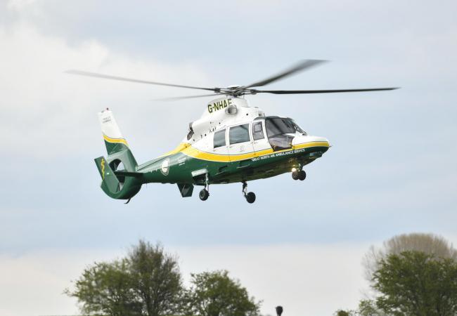 The new Pride of Cumbria II helicopter lands at the Great North Air Ambulance base at Langwathby near Penrith. :28 April 2021