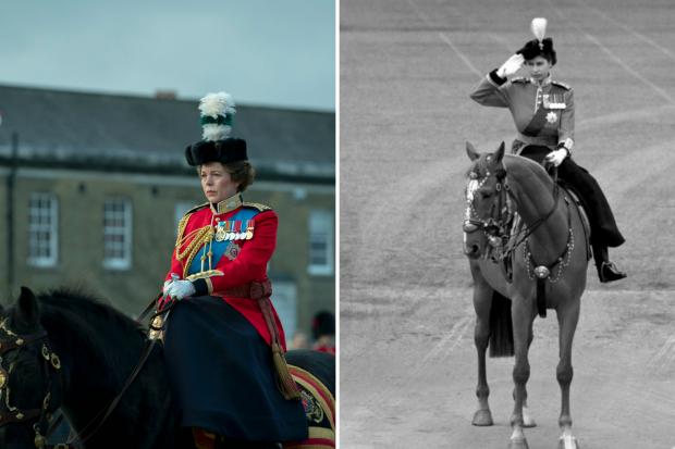 Whitehaven News: Queen Elizabeth II (OLIVIA COLMAN) and Queen Elizabeth II at Trooping the colours. (Des Willie/PA)