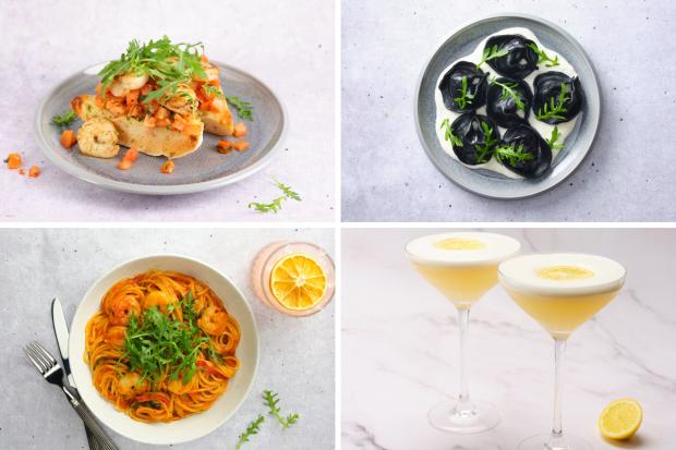 Whitehaven News: (Top left-clockwise) Garlic & Chilli Prawn Bruschetta, Crab Tortelloni Alfredo, Prawn Spaghetti and Lemon Drop Martini (Frankie & Benny's/Canva)