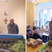 Phil Toman with his model of Keekle viaduct (Left) Phil with his models of the grotto and other Cleator Moor landmarks