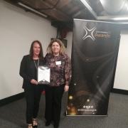 Vicki Connor and Nicola Richardson picking up the STEM Award in Manchester in 2022 for Outstanding Contribution to widening participation, diversity and inclusion in STEM.