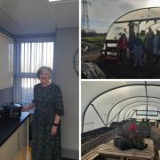 Olwynne Linot (Left), the Skills 4 You team and one of the newly erected greenhouses