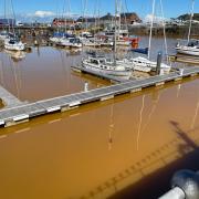 The discoloured water in Queens Dock at Whitehaven Harbour
