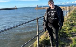 The XL cheese t shirt modelled on Whitehaven harbour.